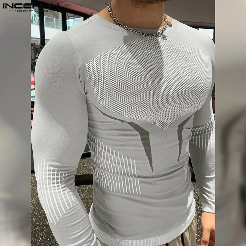 Korean Style Casual Streeetwear Men Printed T-shirts Fashion Male Gym Well Fitting Long Sleeved Camiseta S-5XL INCERUN Tops 2024