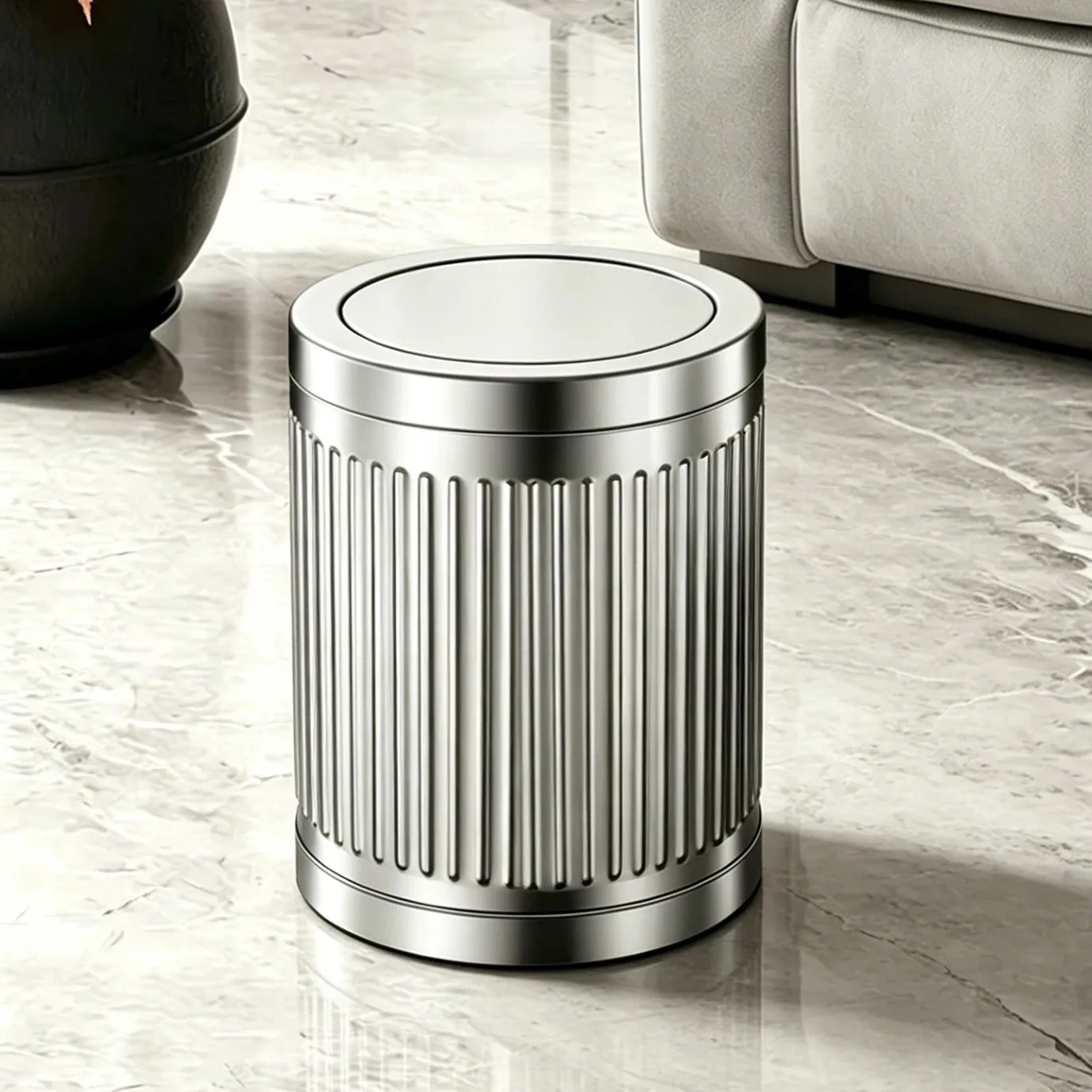 Luxury-scaled stainless steel mirror-patterned trash can, high-end hotel villa decoration, metal rotating lid trash can