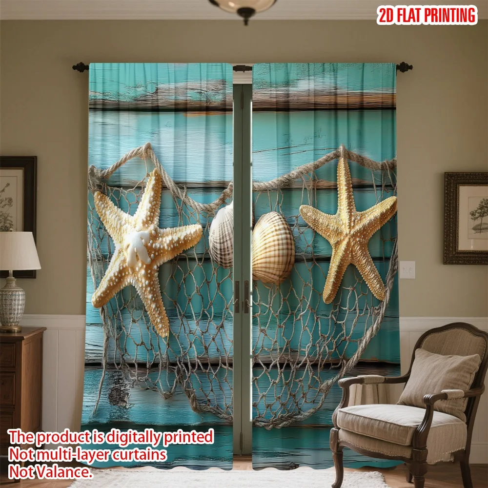 

2D flat printing 2pcs Curtains Starfish and Seashells Digital Printed Polyester Drapes Festive Wall Decor Perfect for Booths