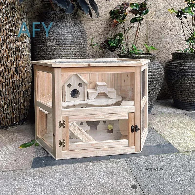 Solid Wood Hamster Villa Cage for Hamsters Acrylic Transparent Castle Double Layer Nest Breathable Small Pet House Supplies