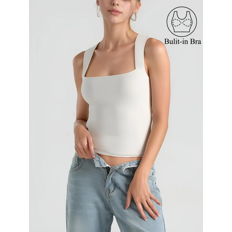 

Женская майка-топ с квадратным вырезом без рукавов, со съемными встроенными чашечками, высокоэластичная, свободного кроя, 1 шт. (модель 2025 года)