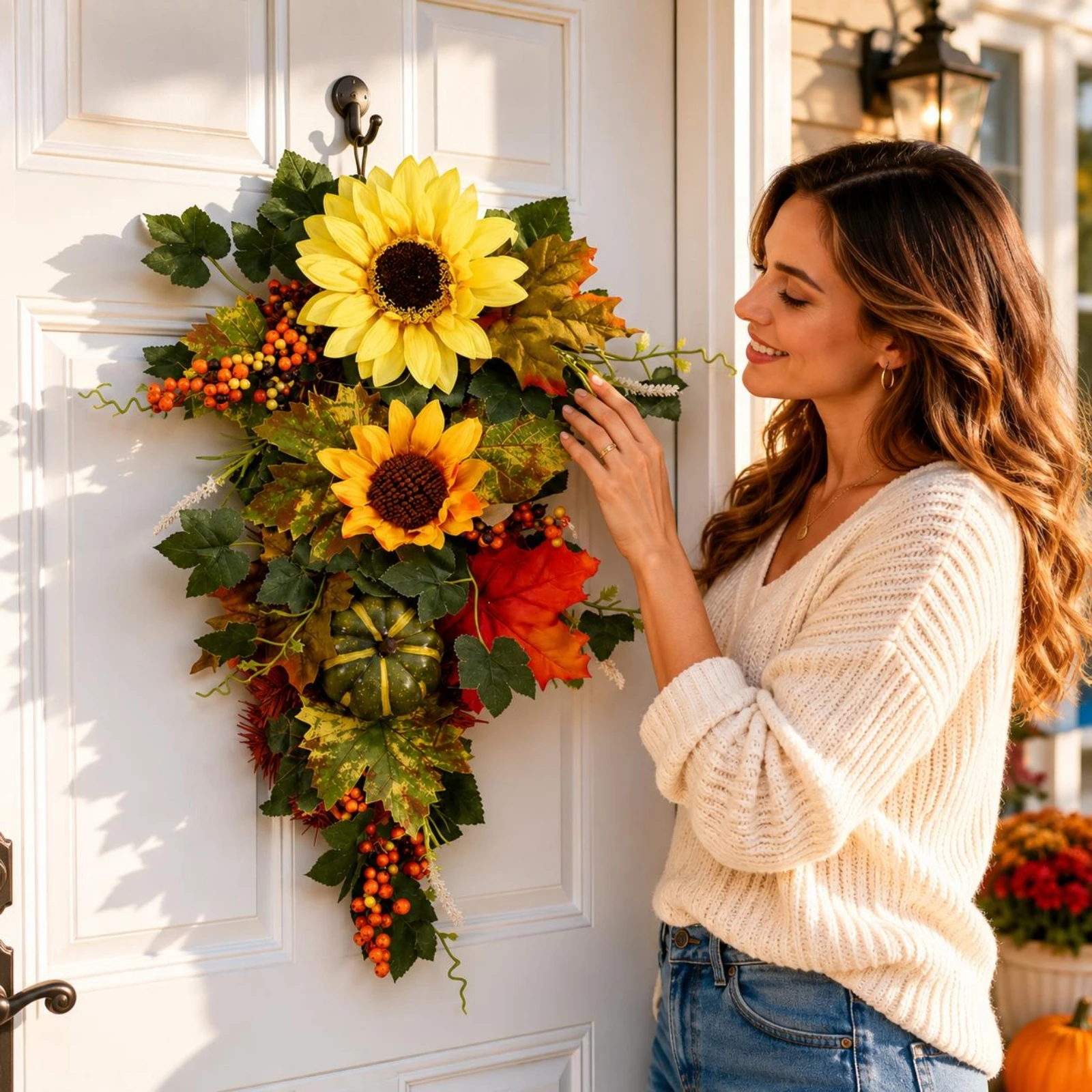 

Blossom Pumpkin Swag Tree-Shaped Autumn Door Swag Hanging Autumn Decoration Floral Entryway Decor Lifelike Design
