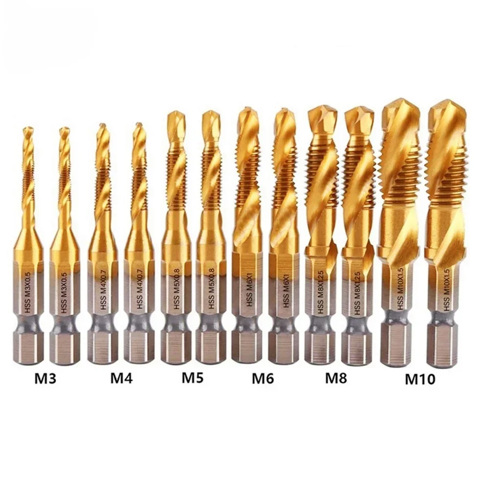 12Pcs Compound Metric Tap Drill Bits Screw Thread Hex Shank Machine Titanium HSS Tap Bit Tool for Metal Steel Wood Plastic