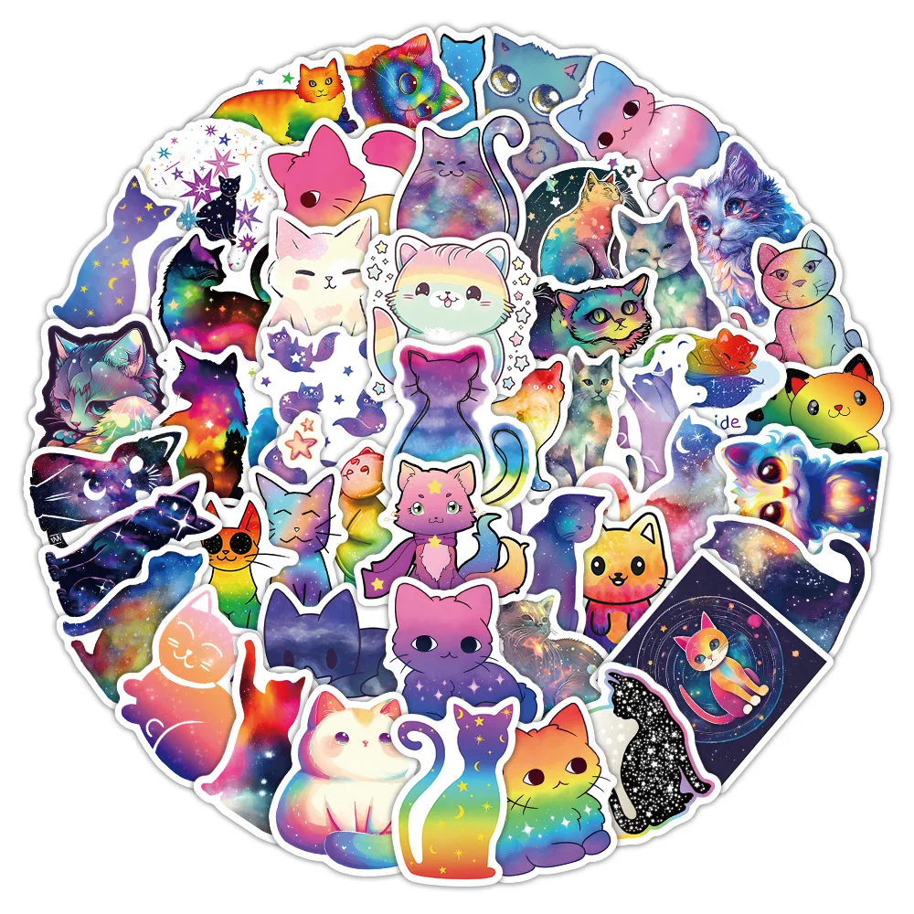 

10/60PCS Colorful Starry Sky Cat Cartoon Cute Graffiti Stickers Decorate Notebook Water Cup Phone Case Kawaii Kitten Stickers