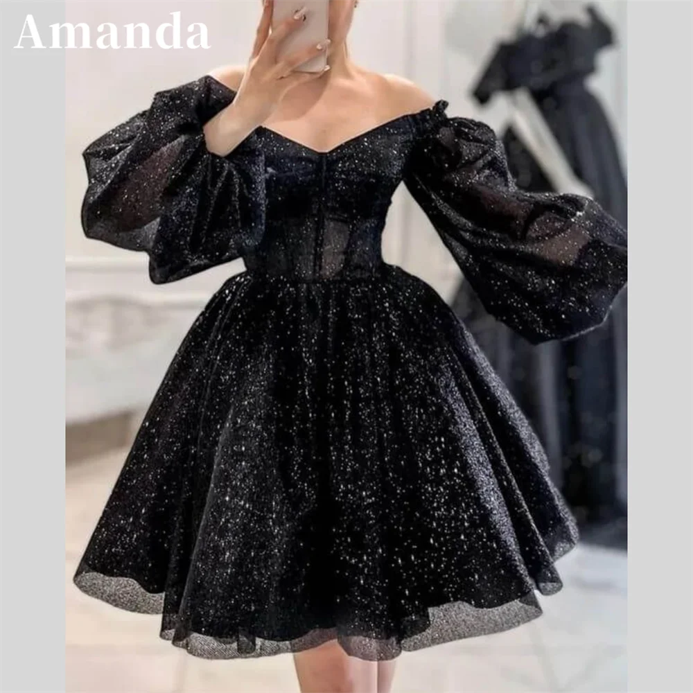 Amanda Black Mini Vestidos De Noche Gliiter Short فساتين مناسبة رسمية Cute Puffy Sleeve Ball Gown Prom Dress 2023