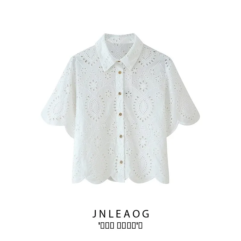 

JNLEAOG Spring New Women's Faion Design Embroidered Hollow out irt Casual Loose Polyester ort Sve Ne