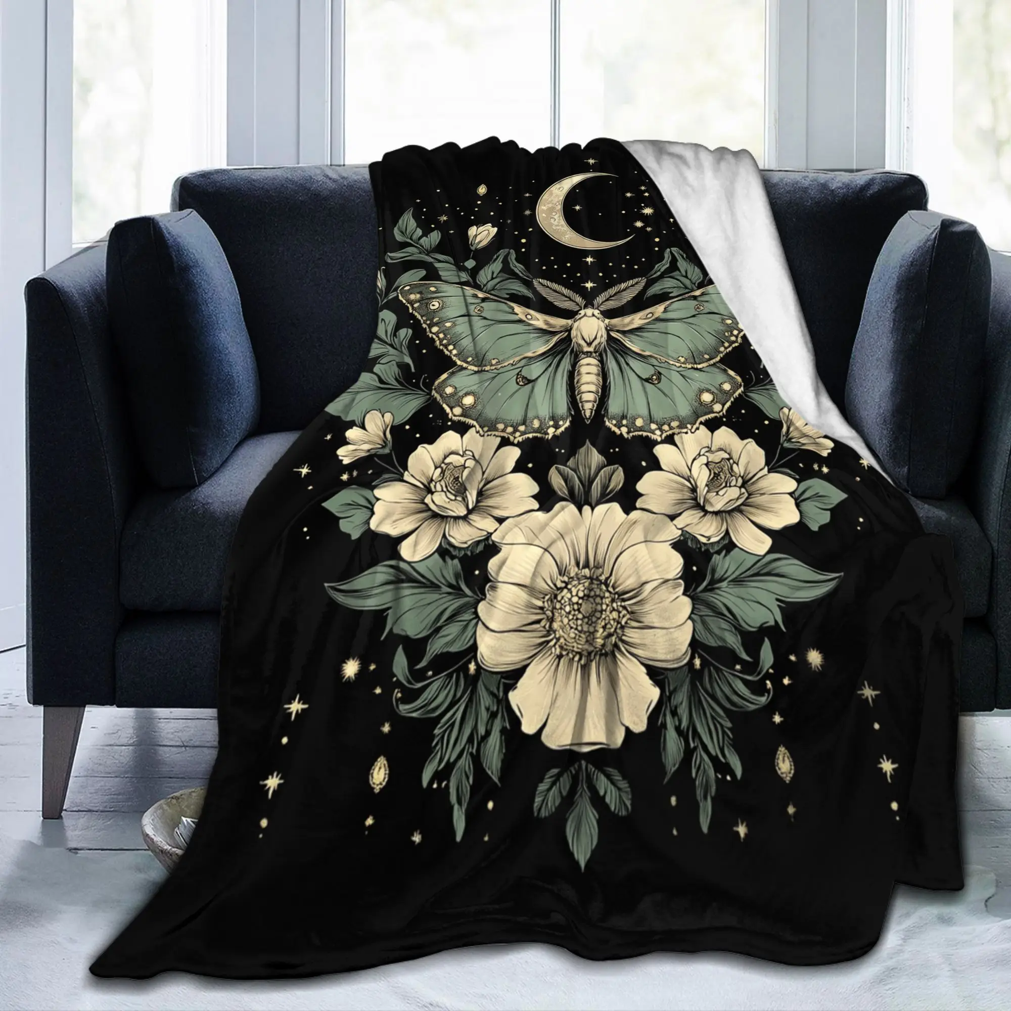 Goblincore Luna Moth Butterfly Moonphases Flannel Throw Blanket Cottagecore for Rug Piece Knitted Blanket Gift Breathable Throws