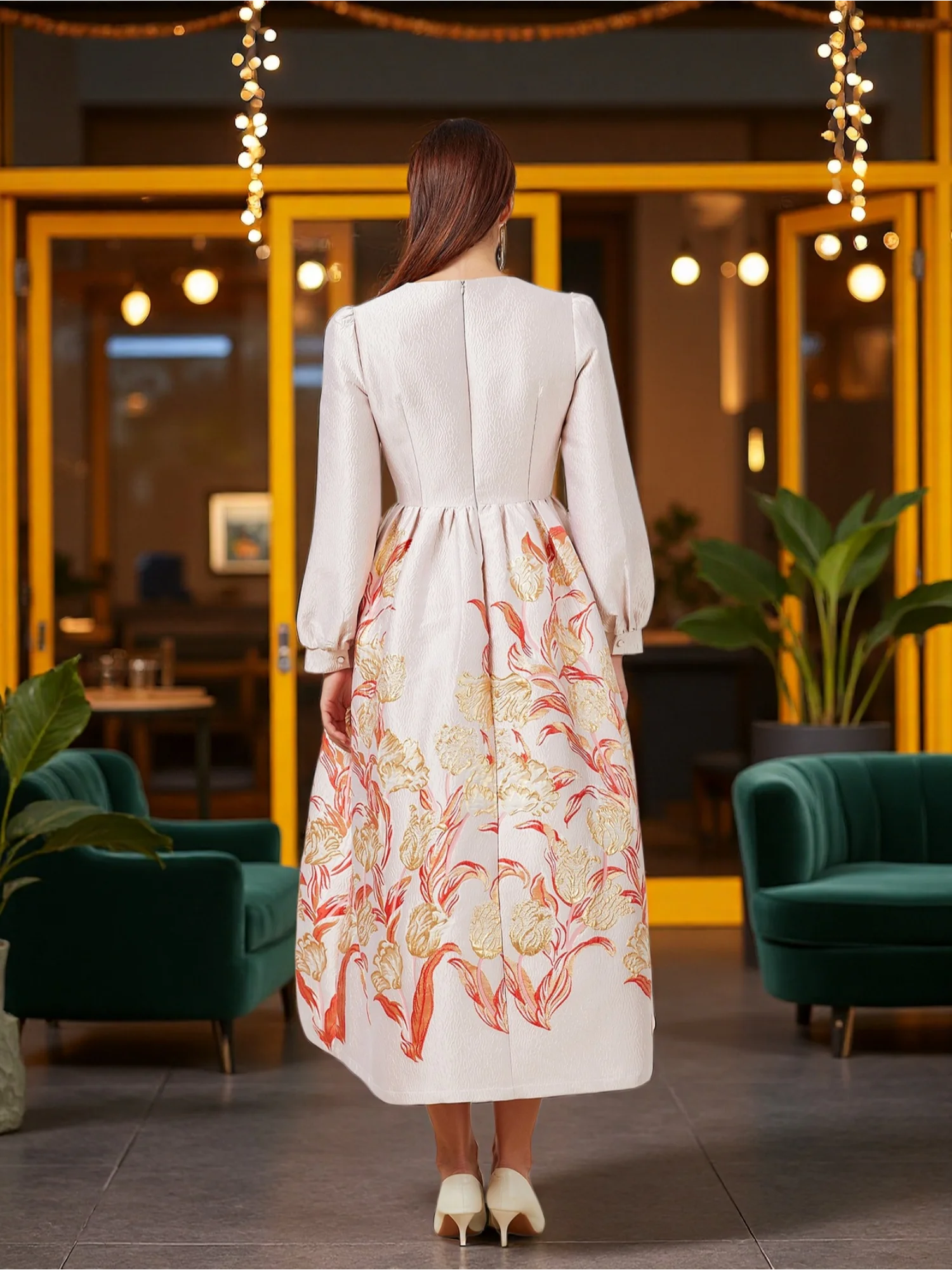 Robe Jacquard en Jacquard pour l'industrie lourde, nouveau Style, col rond, ligne a, Orange, or, florale, élégante, pour Banquet, automne-hiver