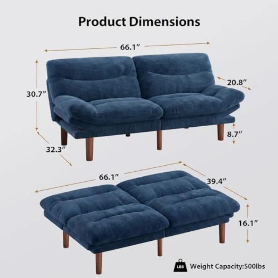 Convertible Futon Sofa Bed for living room, corduroy fabric, gray, reversible design with removable cushions