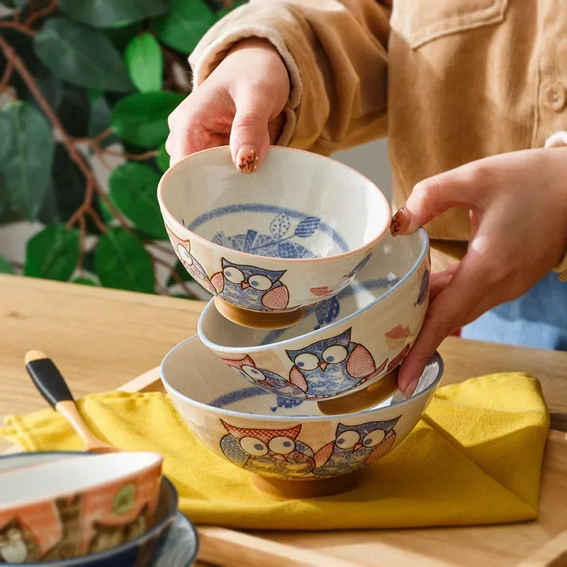 Japanese Underglaze Color Owl Ceramic Bowl Parent-child Rice   Bowl Meaning Auspicious Tableware Kitchen Accessories Salad Bowls