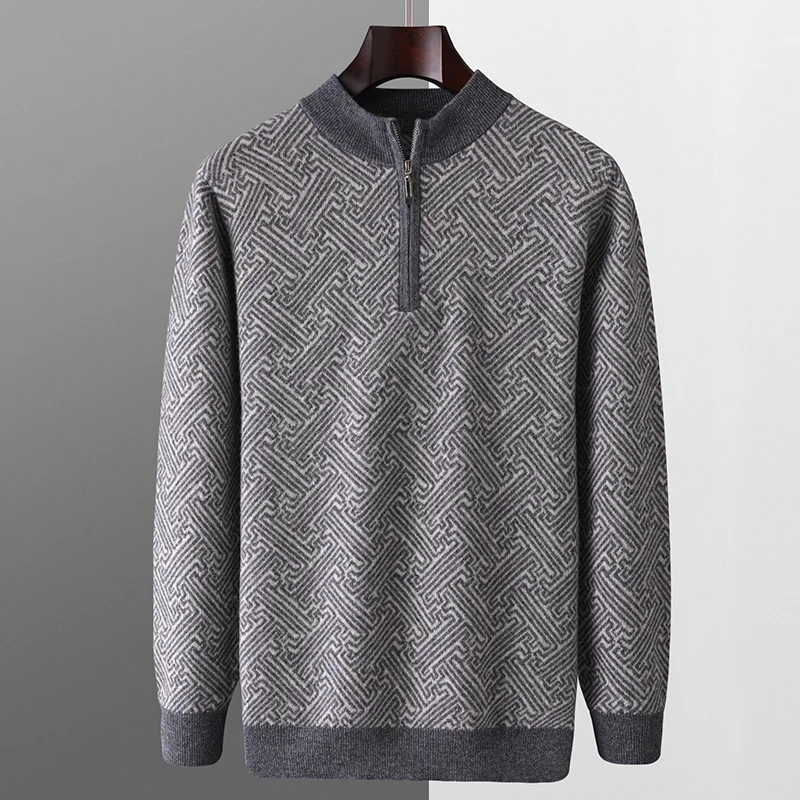 

Autumn And Winter New Half-High Collar 100% Sweater Men's Zipper Thickened Sweater Business Casual Loose Knit Bottoming Shirt.