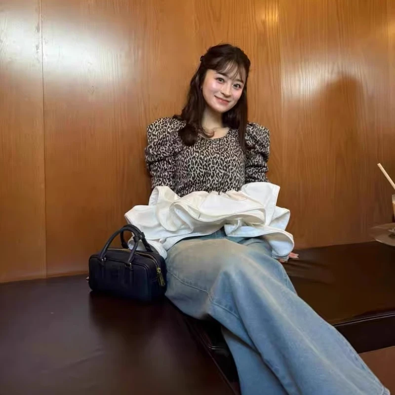 Leopardo impressão topos primavera 2025 outono estilo japonês doce moda feminina manga longa topo da menina plissado retalhos bud camisetas