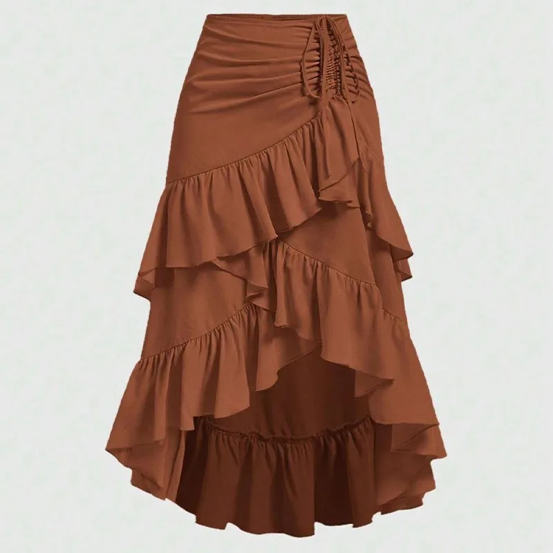 

Summer Skirts 2025 Women's K-fashion Flounce Plain Midi High Waist A-line Sweet Dating Skirts Tiered Flowy Summer Skirt