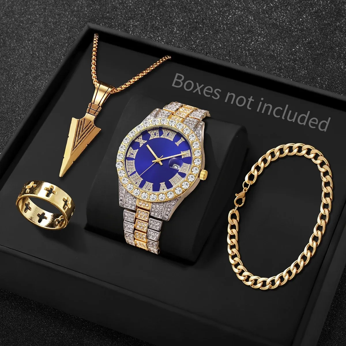 

Набор из 4 роскошных мужских часов с календарем и украшениями, модные кварцевые часы с циферблатом с римскими цифрами и стразами, Reloj Hombre (без коробки)