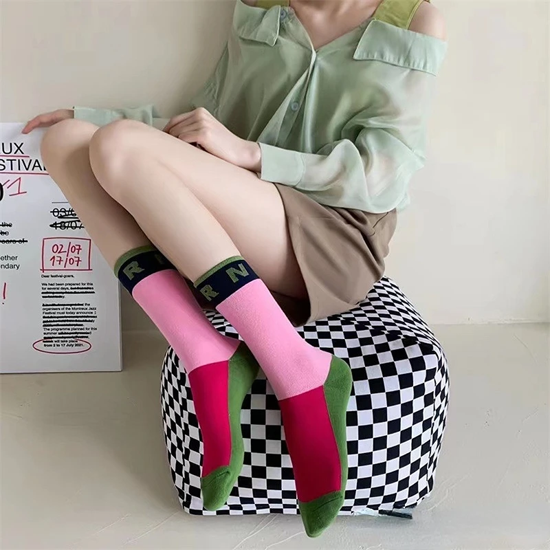 Spring and Summer New Fashion Socks Children's Personality Simple Rib Letter Lovely Colored Women's Cotton Medium Socks