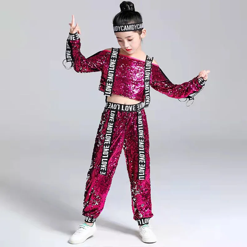 JinYing New Sequins Children Perform Jazz Dance Costumes Dance Girls Jazz Strapless Long Sleeve Hiphop Clothing Hip-Hop Dance