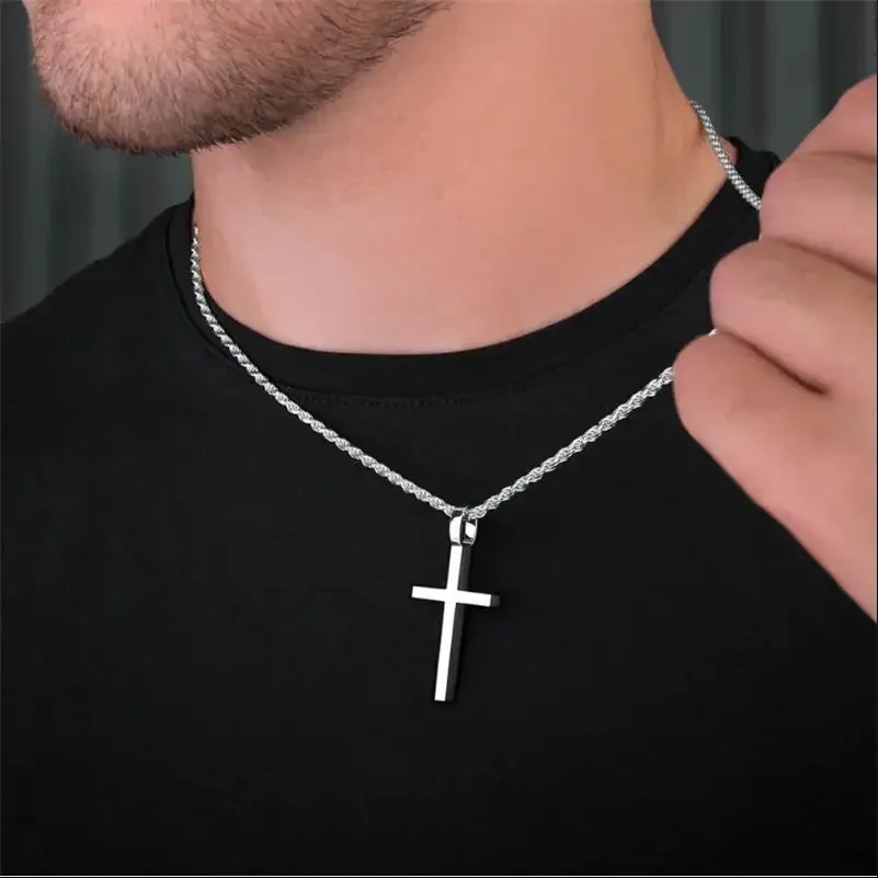 Cross Pendant Necklace for Men Boys Golden Plated Silver Color Simple Twisted Chain Fashionable Jewelry Beach Party Gift