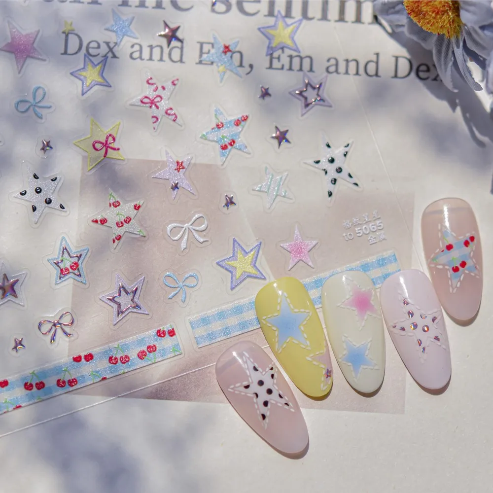 Naklejki na paznokcie 5D, błyszcząca metalowa siatka, gwiazdy, kolorowe kokardki z pięcioramienną gwiazdą, naklejki do zdobienia paznokci DIY, samoprzylepne naklejki do manicure