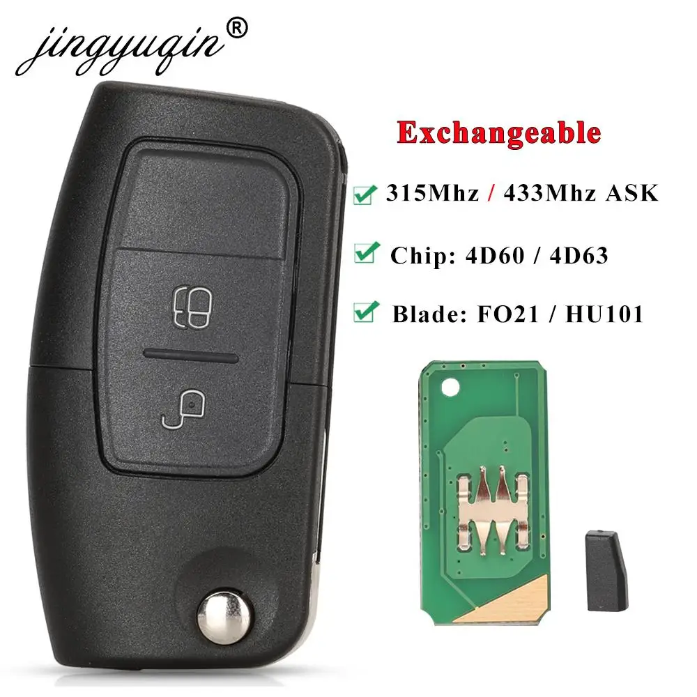 

jingyuqin 2 Buttons Flip Folding 315/433MHz Remote Car Key For Ford Eco Sport Focus Mk2 Fiesta Ranger Kuga 4D60 4D63 Fo21 HU101