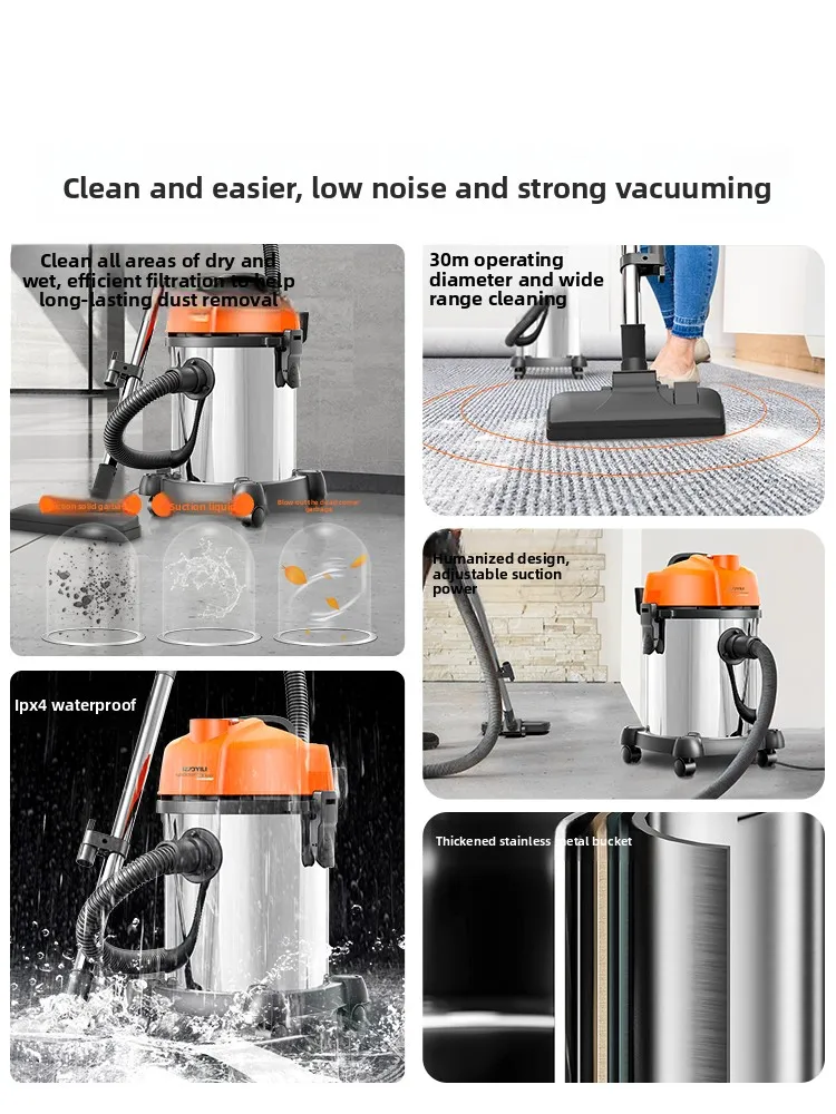 Household vacuum cleaner with large suction force for wet and dry use, powerful and high-power for renovation and industrial use