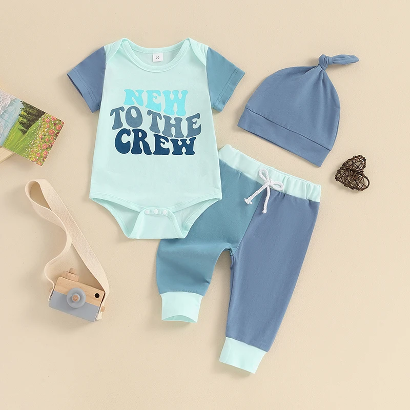 

2024-03-06 Lioraitiin 0-18M Baby Boy Clothes Outfit Letter Print Short Sleeve Romper with Contrast Color Pants and Hat Set