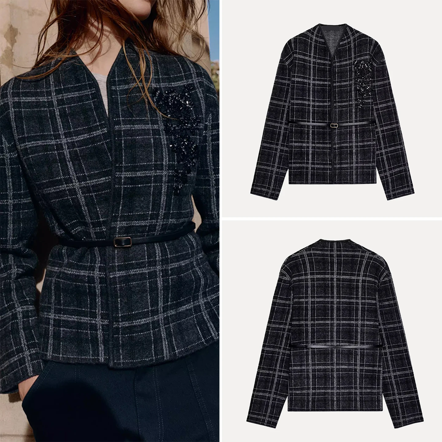 

Trendy Plaid Knitted Outerwear with Belt Women's Stand Fit Long Sve Coat Autumn 2025 Daily Wear Z Ladies Faion