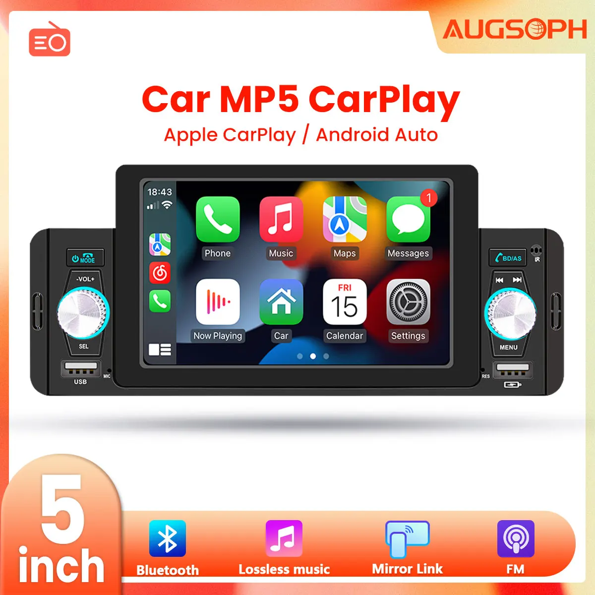 

1Din Car Radio Multimedia MP5 Player,5 inch Universal Navigation with Android Auto & Bluetooth, HD Screen USB TF FM Stereo