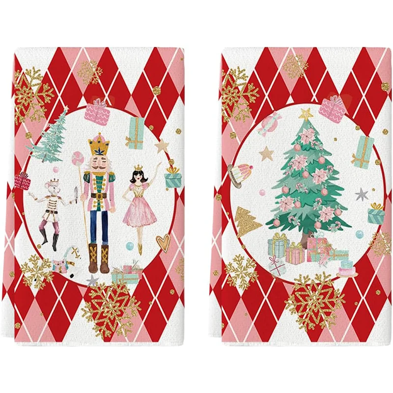 2Pcs, Nutcracker and Christmas Tree Kitchen Towels, 40Cm*60Cm Towel Set, Super Absorbent Soft Cleaning Cloth, Cooking Baking Tea Towel, Tea Towel, Hand Towel, Cleaning Cloth, Dishcloth Kitchen Decoration, Living Room Decorations, Kitchen Essentials, Home Essentials