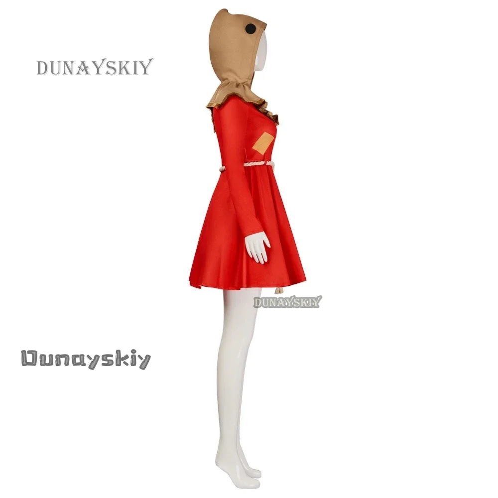 فستان كوسبلاي أحمر مع حزام غطاء للرأس كوسبلاي للهالوين وعيد الميلاد دون تقديم حلوى كرنفال الهالوين