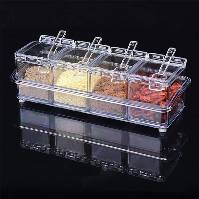 Easy to Clean Condiment Box Transparent 4 Grids Condiments with Spoon Seasoning Container for Restaurant