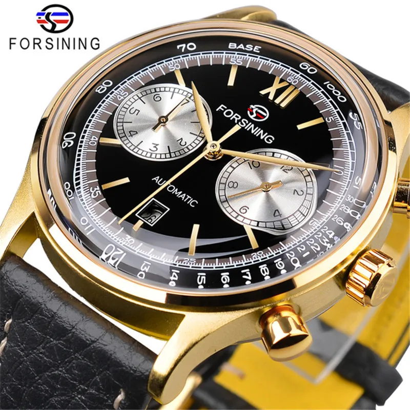 Forsining 147A Golden Case Luxury Casual Design Leather Multifunctional Mens Watches Top Brand Automatic Mechanical Watch