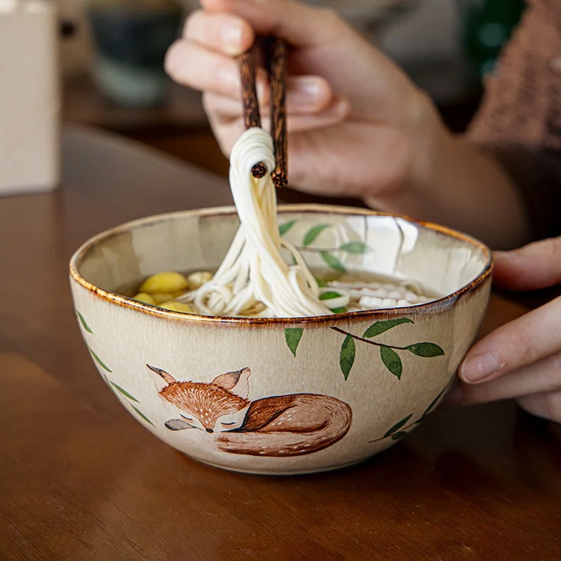 4.5/5.5 Inch High‑End Fox‑Motif Ceramic Bowls 2Pcs, Kiln‑Change Glaze Rice Fruit Yogurt Noodle Bowl, Microwave Dishwasher Safe