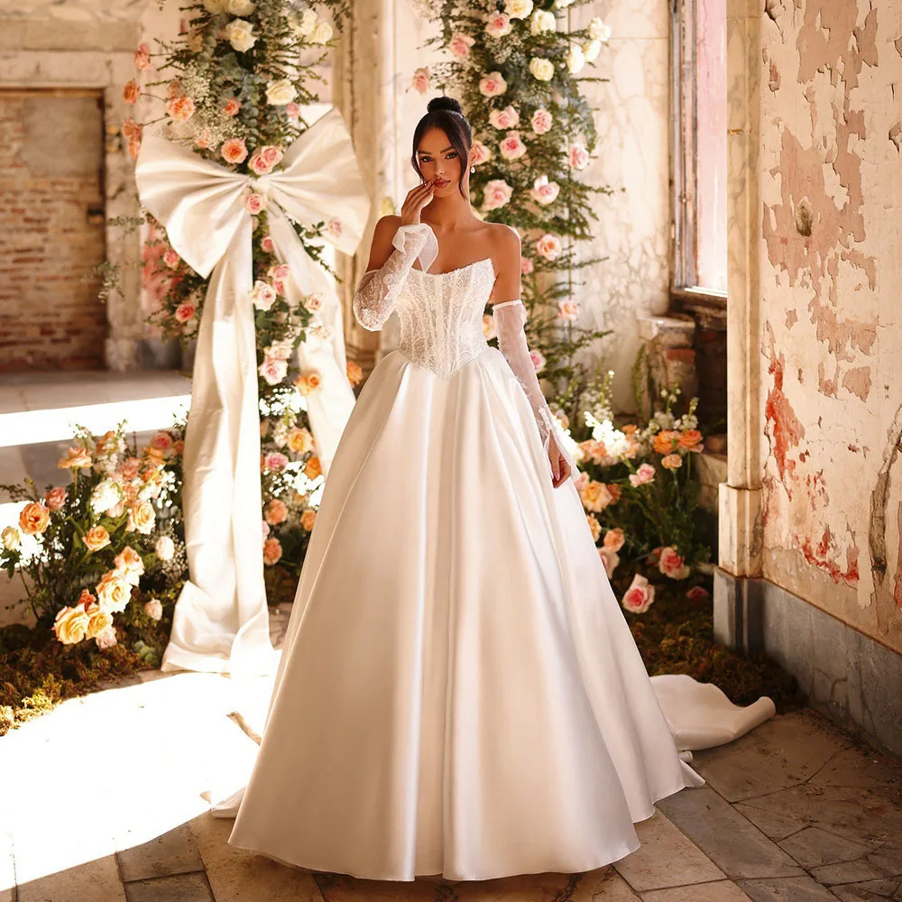 

Msikoods Luxury Bridal Dress 2025 Corset Lace Appliques A Line Bride Dress Long Sleeve Satin Princess Wedding Dresses Customized