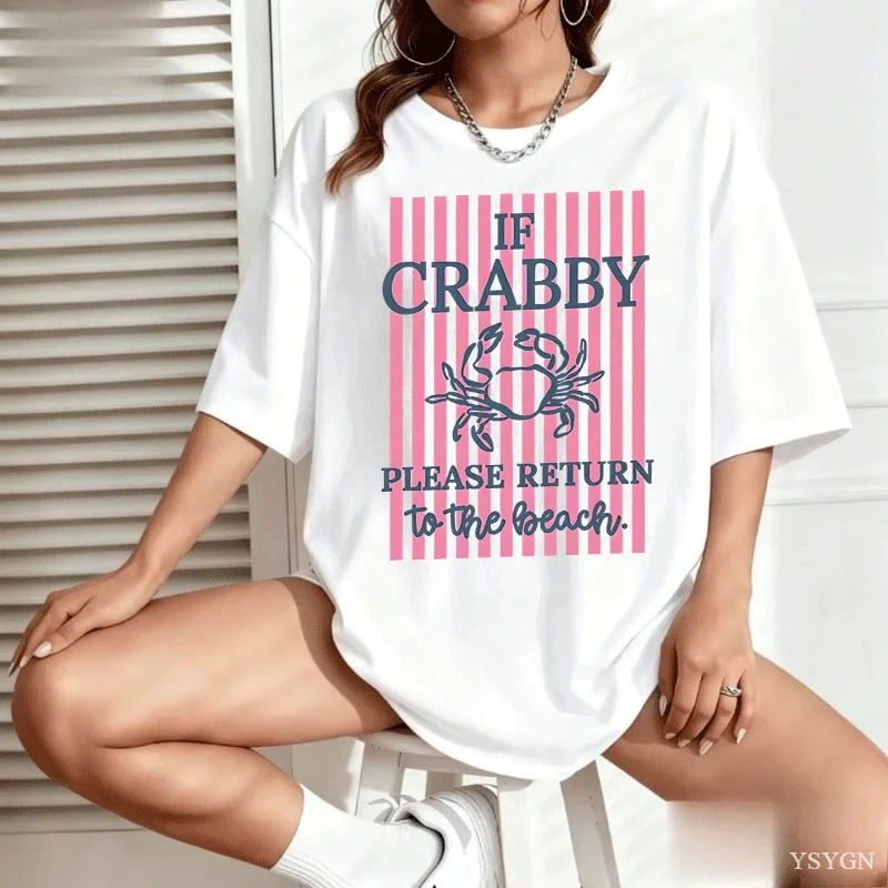If Crabby Please Return To The Beach T Shirts Striped Short Sleeve Cotton Beach Vacation T-Shirt Design Funny Crab Graphic Tees