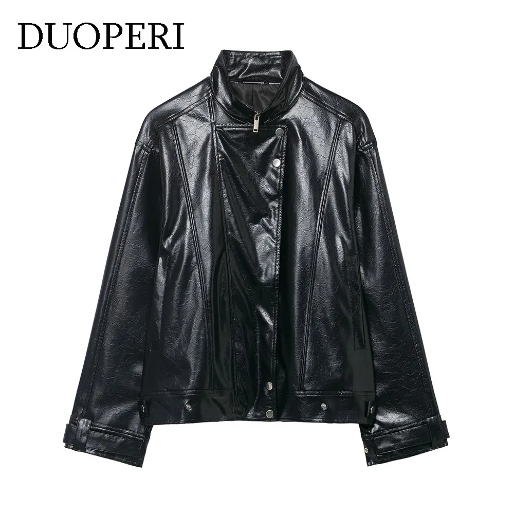DUOPERI Moda donna PU Giacche nere Casual collo alto maniche lunghe Donna Chic Lady Cappotti Abiti