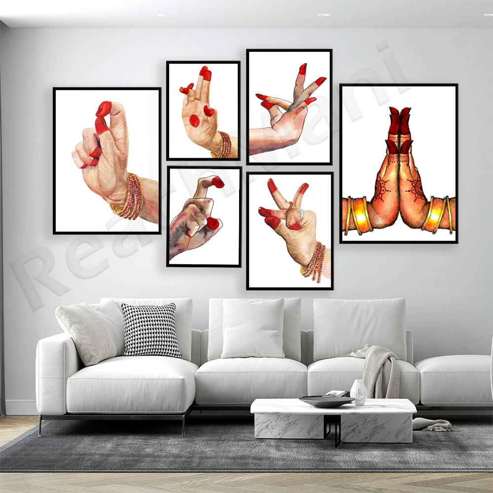 Bharatanatyam Mudra Indian Dance Hand Art, Watercolor Namaste Poster, Indian Traditional Dance Yoga Painting Wall Art Home Decor