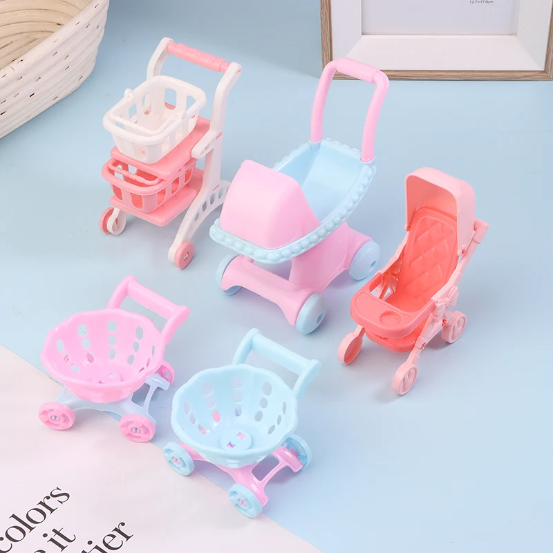 1/12 Dollhouse Simulation Mini Supermarket Shopping Cart Baby Trolley Shopping Basket Model Dollhouse Decoration Accessories