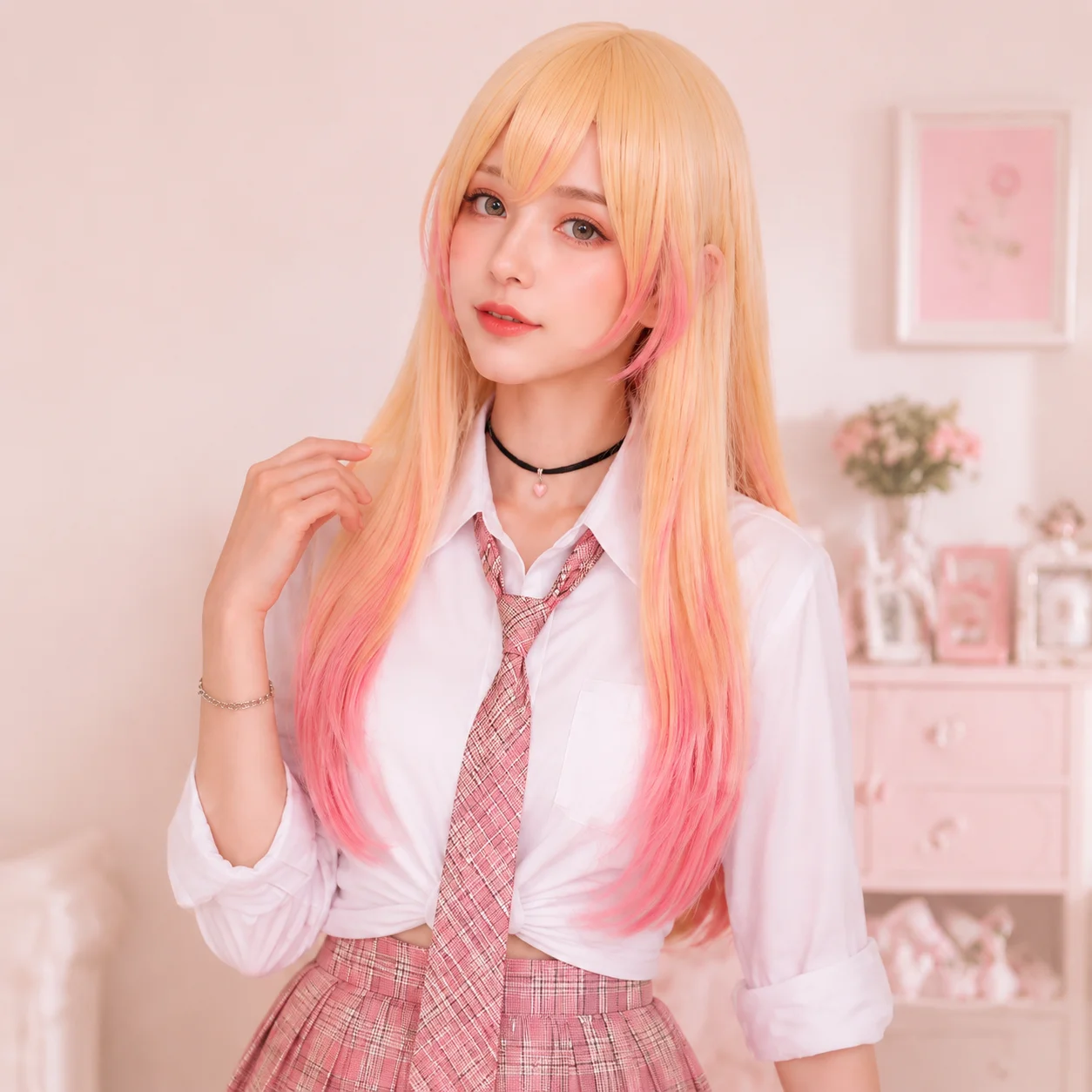Gradient Blonde Pink Long Straight Wig Side Fringe Ombre Synthetic Hairpiece Face-Framing Layer Women Daily Lolita Party Cosplay