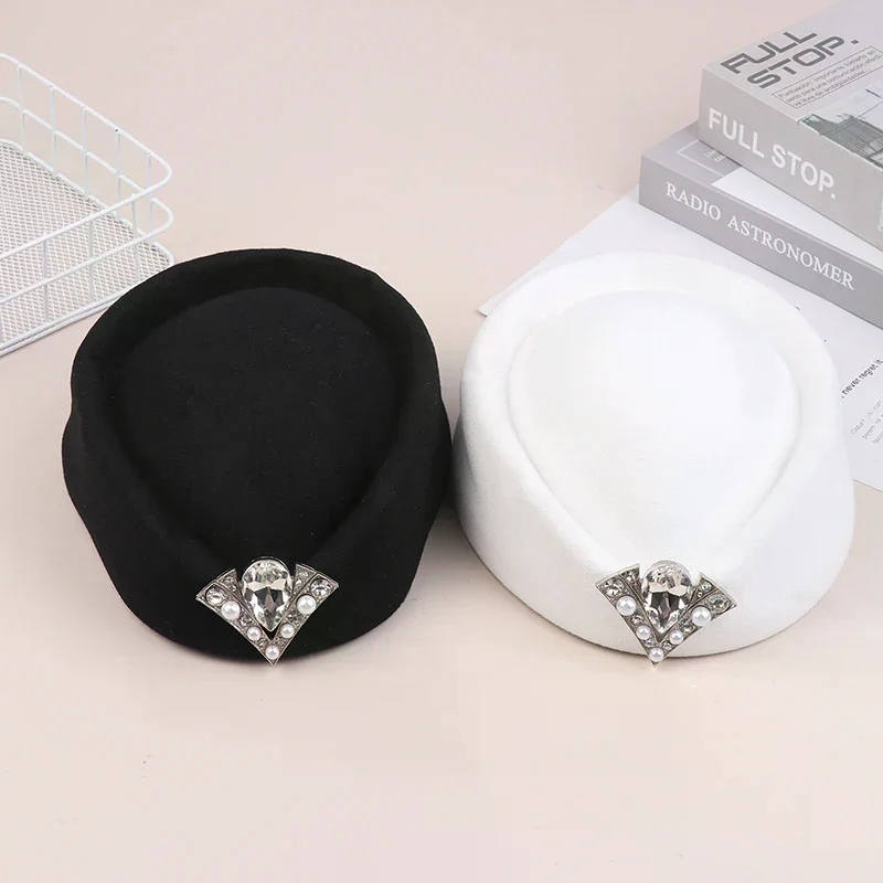 Hats Women Vintage Rhinestone Hard Top Flat Fedoras French Cashmere Wool Casual Flight Attendant Party Dress Pillbox 2026 New