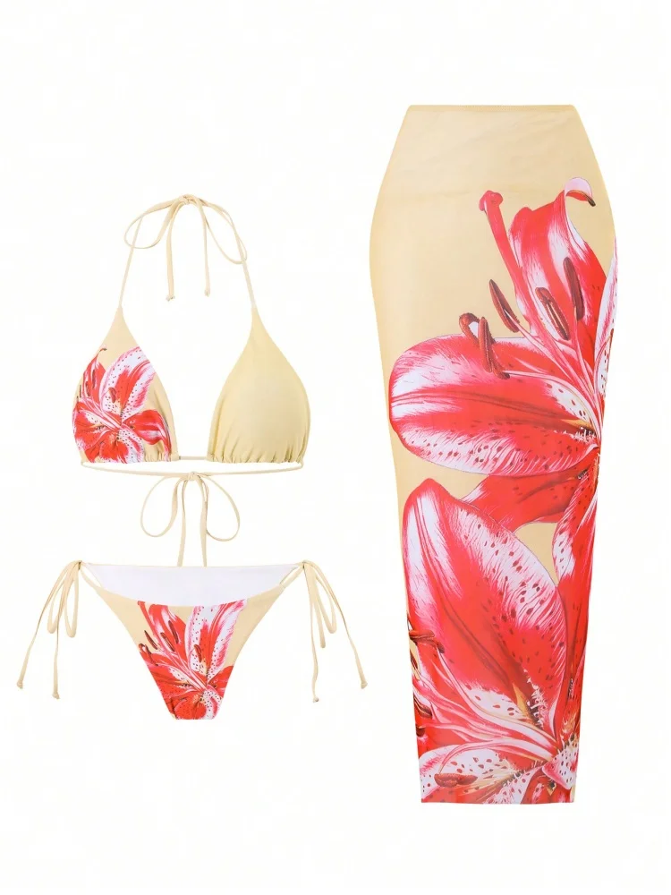 Bikini para mujer, traje de baño 2026, nuevo conjunto de Bikinis estampados con cuello Halter, traje de baño Sexy de cintura alta, traje de baño de tres piezas para cubrir la playa, traje de baño femenino