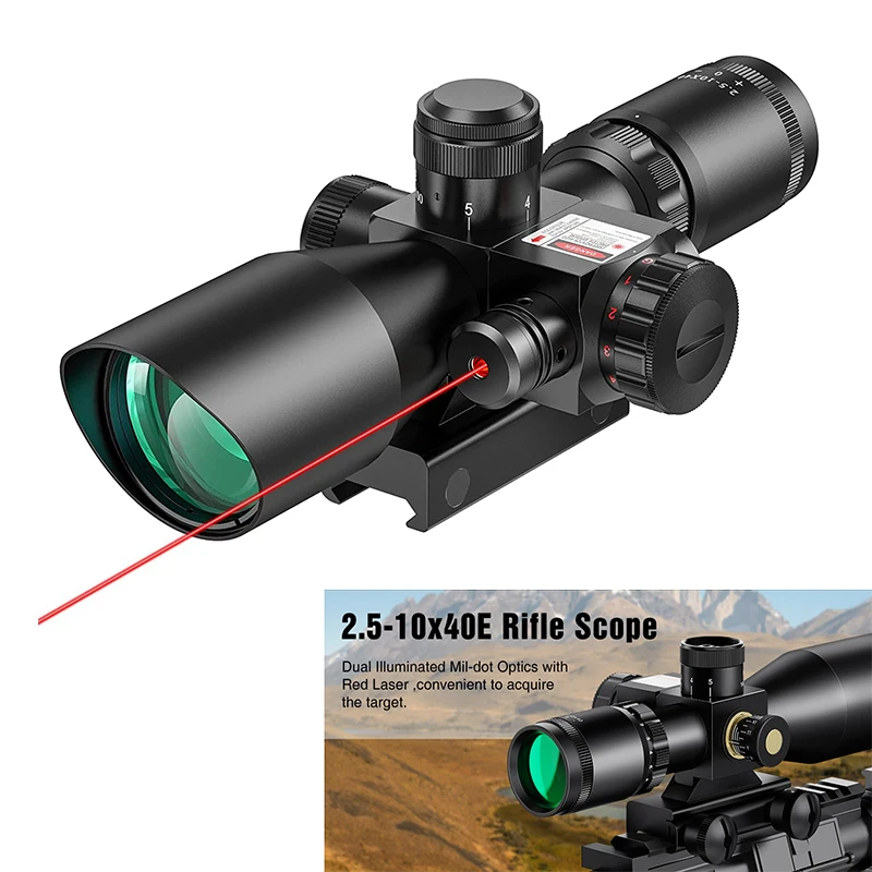 

MidTen 2.5-10x40 Rifle Scope Optics Red Green Illuminated Mil-dot Riflescope with Red Laser Sight ComboFor 20mm Picatinny Rail