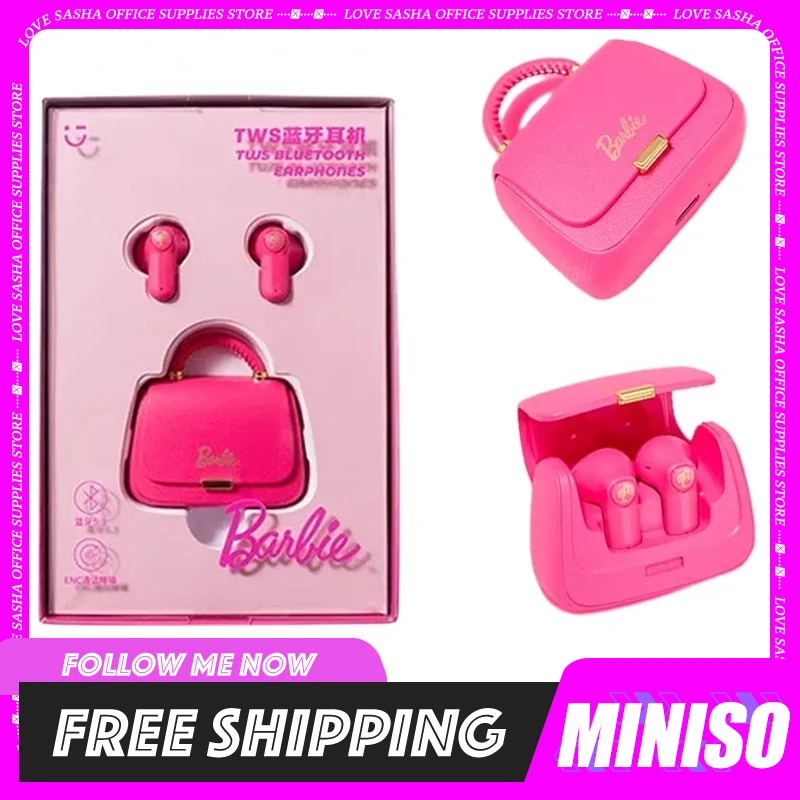 

Miniso Barbie earbuds Bluetooth Wireless Headset Kawaii Anime Cute Cartoon Pink Protective Bag Case Earphone For Girls Gift