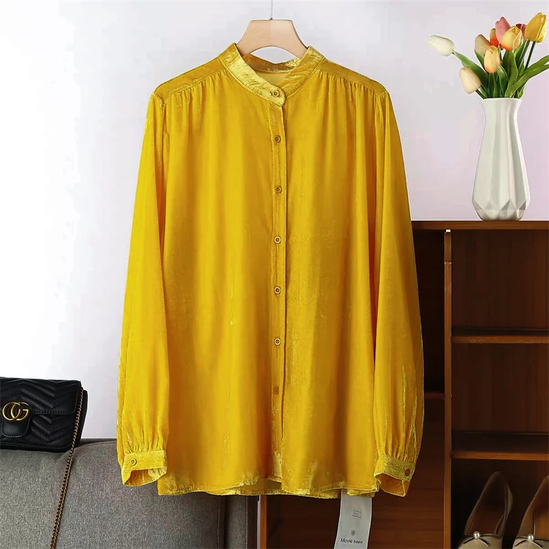 Camisa de Veludo Plus Size Feminina de Manga Longa, Cor Sólida, Gola Alta, Camada Base para Primavera e Outono, Blusa de Veludo