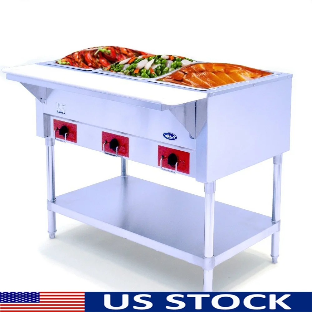

Electric Steam Table Stainless Steel Commercial Food Warmer 110V 3 Open Well Adjustable Legs Temperature Control Hot Surface