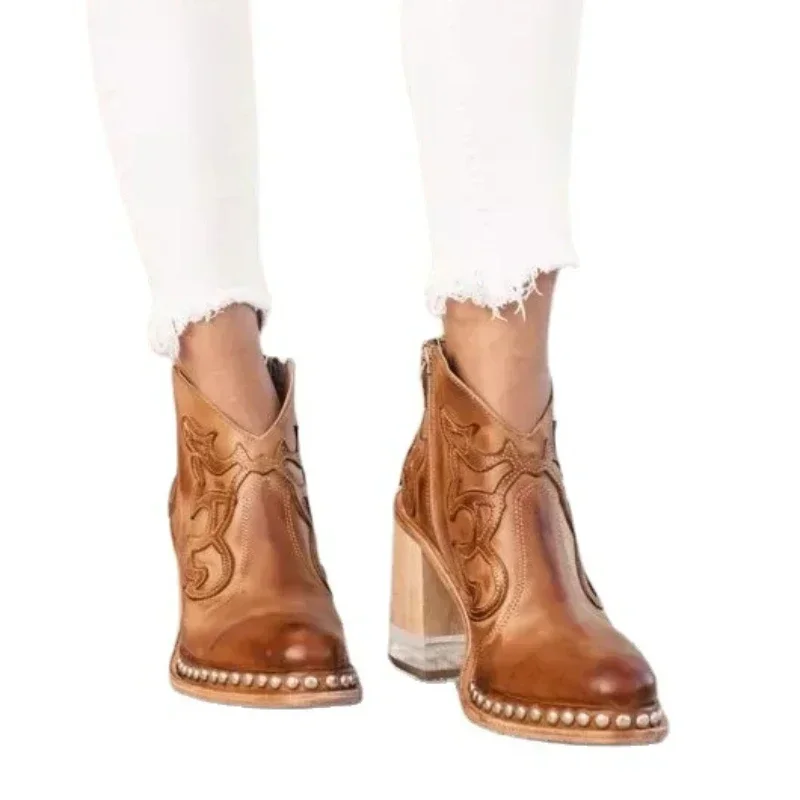 Female Ankle Boots Leather Women\'s Shoes Low Heel Cool British Embroidered Design Soft Short Boots Party Ladies Footwear PU 024