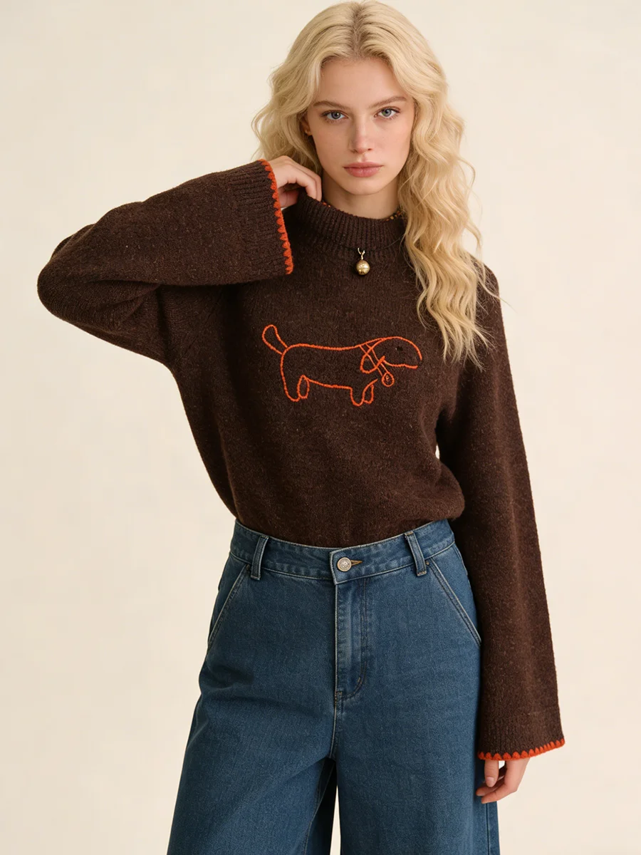 

Mock-Neck Embroidered Dog Icon Sweater Pullover Women Wool Dark Brown Autumn Winter Warm Causal Loose Ladies Tops Knitwear New