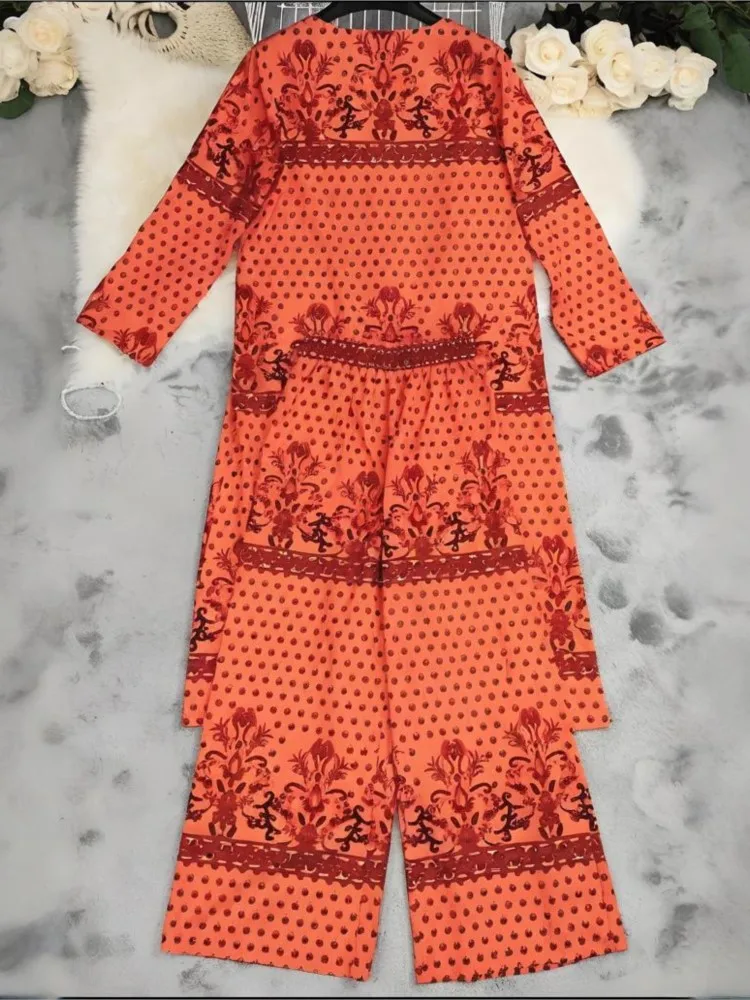 Cardigan a maniche lunghe stampato alla moda + pantaloni lunghi Set da due pezzi per la primavera estate Set di pantaloni larghi a gamba larga da donna