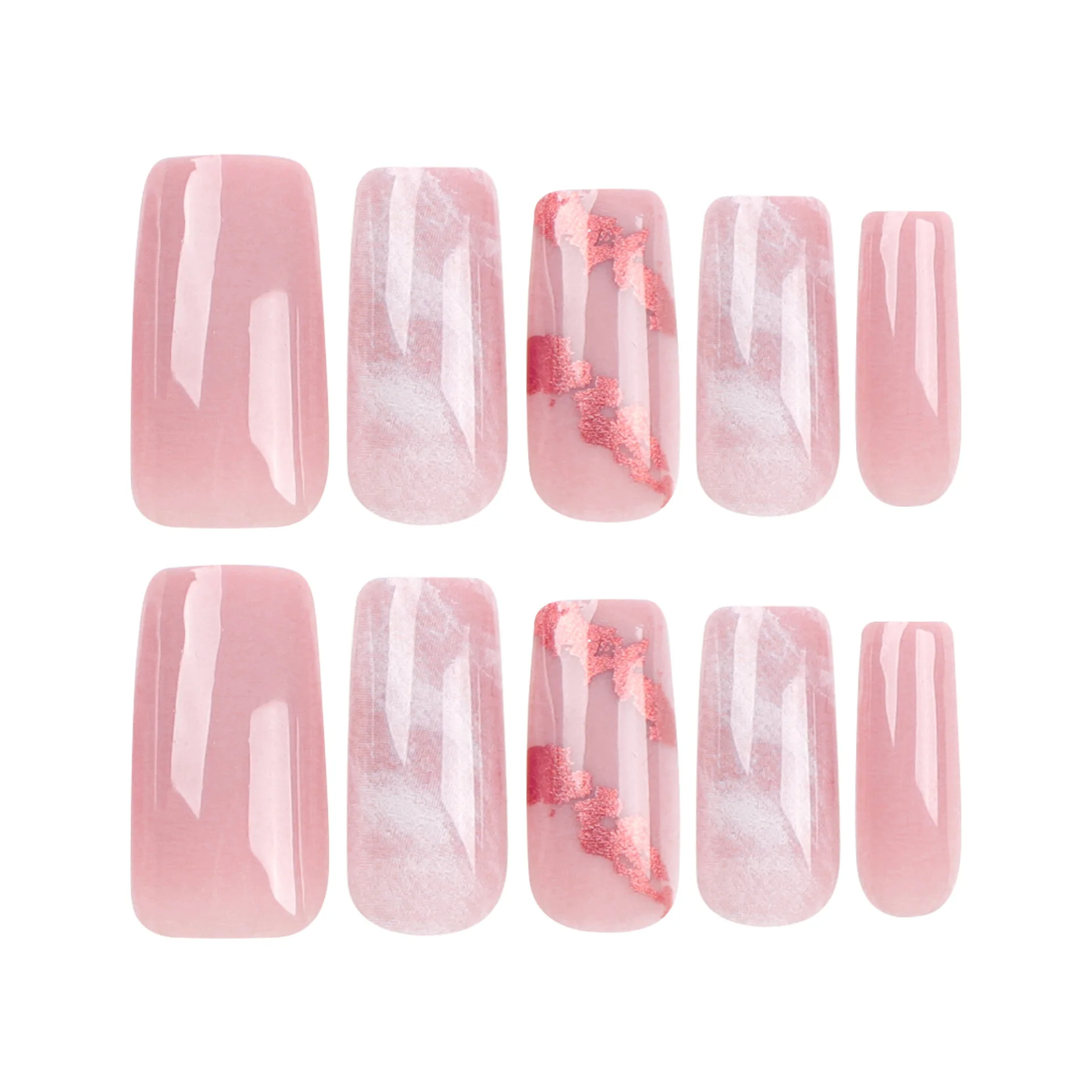 24 pçs simples e doce rosa imprensa em unhas estilo longo carimbo quente em pó branco unhas falsas cobertura completa wearable unhas falsas