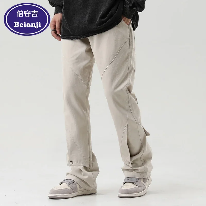 Beianji casual pants men oldschool American retro solid color cargo ins fashion brand all matching slim straight leg long pants