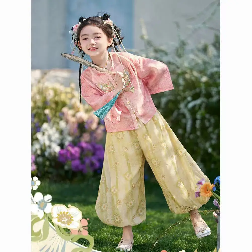かわいい女の子韓服伝統的な夏の蝶刺繍トップスシャツランタンパンツセットカーニバルイベント半袖唐スーツ